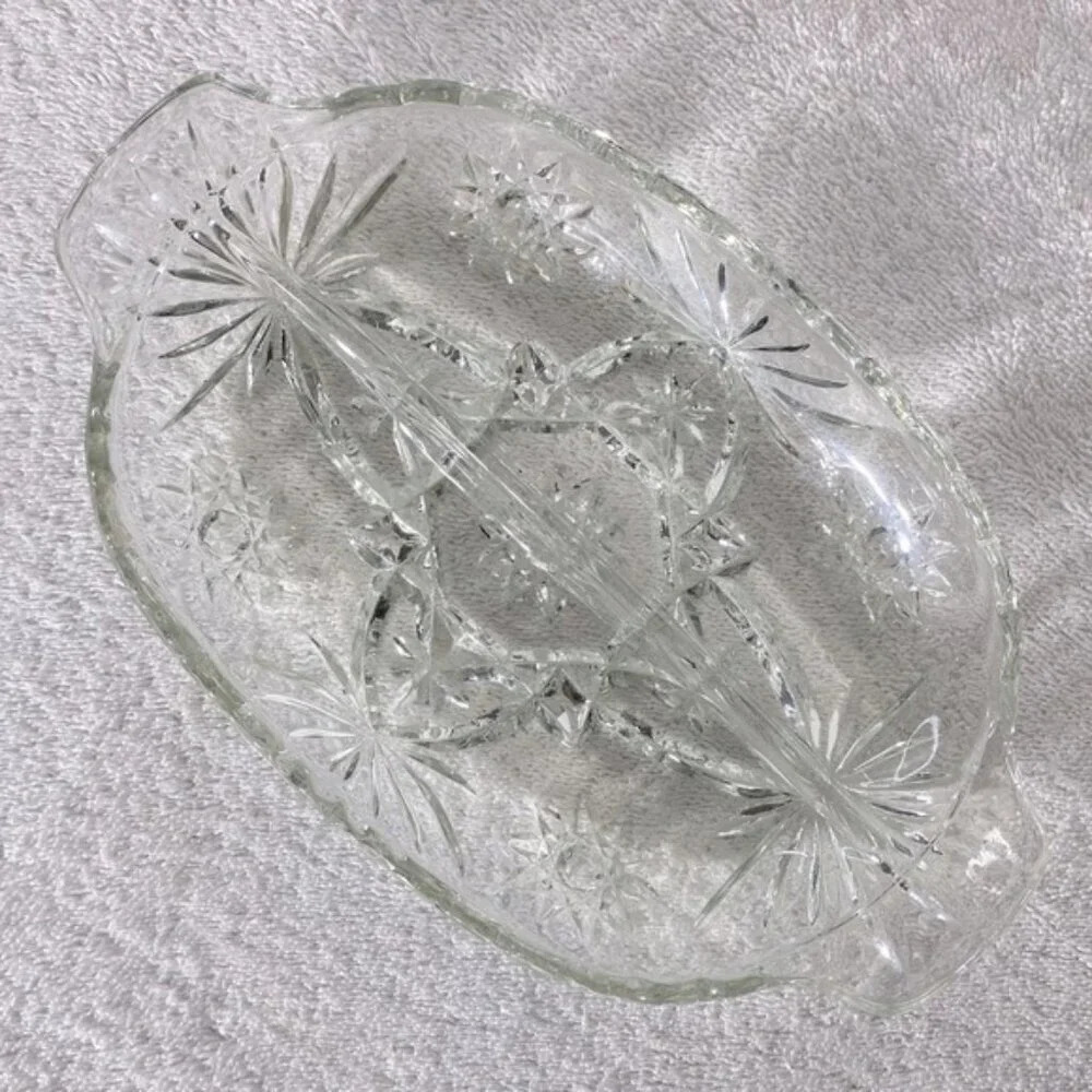 5/$35 Vintage Pinwheel Clear Cut Crystal Split Snack Dish Relish Dish